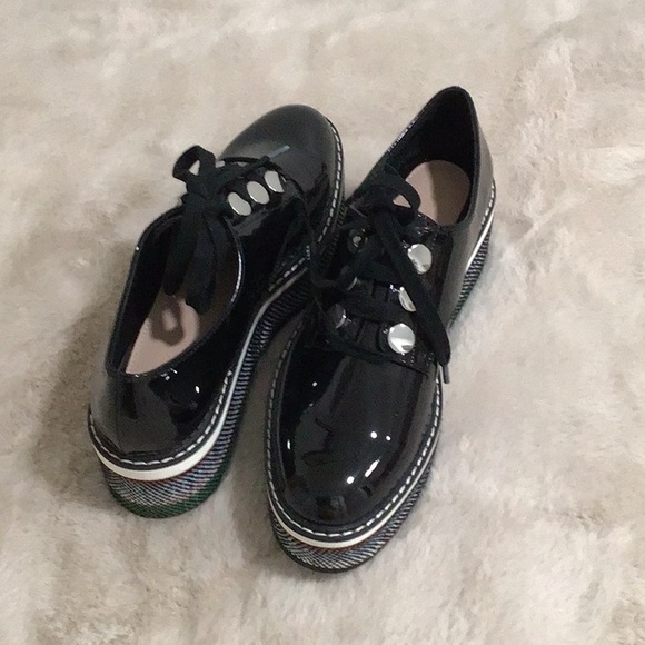 🆕 ZARA Tweed Heel Patent Oxford Platform Shoes Lace up - Picture 1 of 9